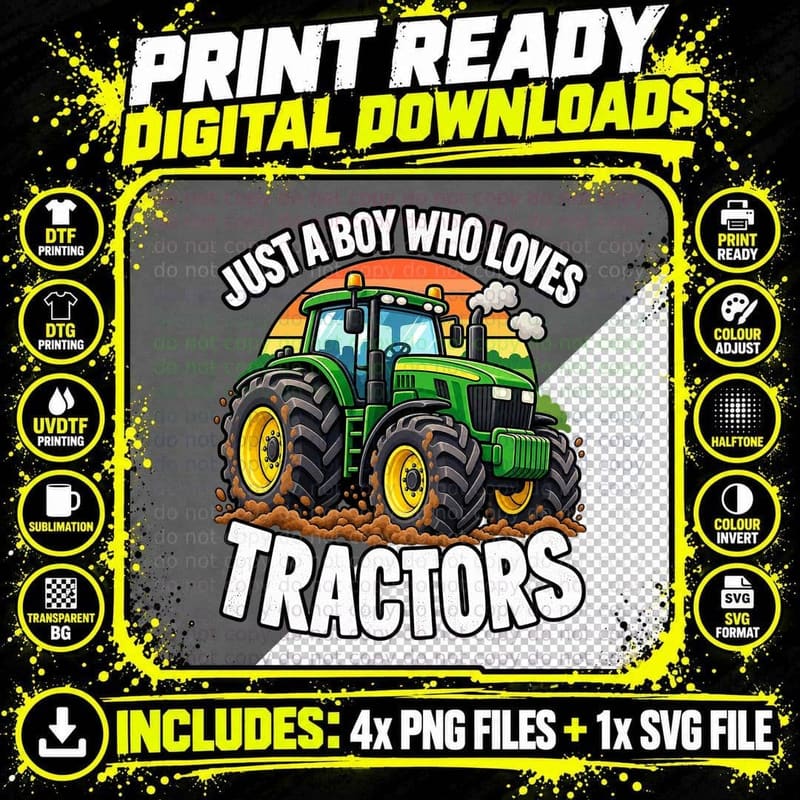 Just a Boy Who Loves Tractors Green Farm Tractor Retro Png SVG Digital Bundle