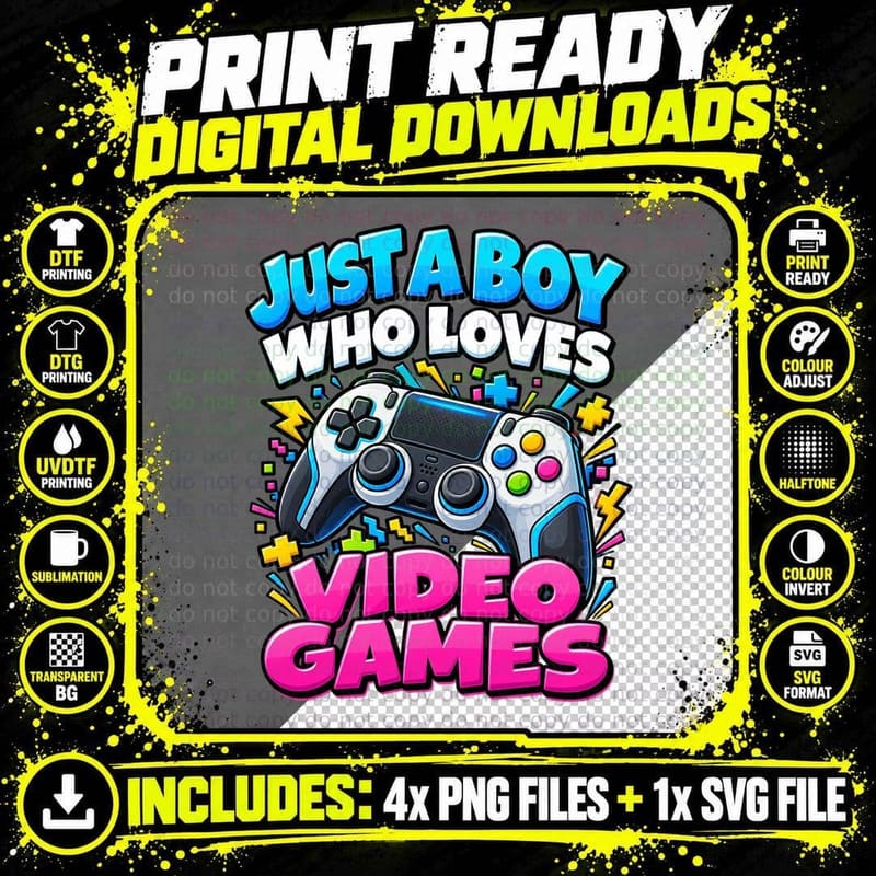 Just a Boy Who Loves Video Games Retro Arcade Gamer Png SVG Digital Bundle