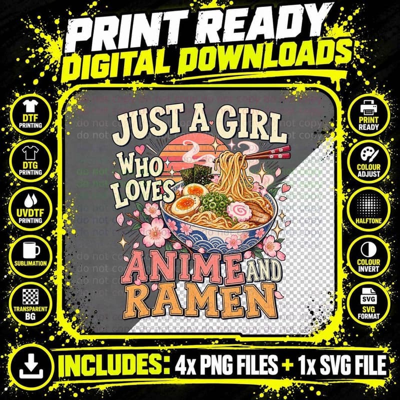 Just a Girl Who Loves Anime And Ramen Noodle Bowl Cherry Png SVG Digital Bundle