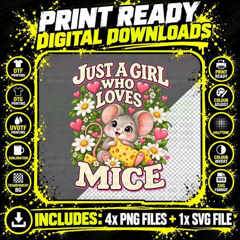 Just a Girl Who Loves Mice Cute Kawaii Mouse Cheese Png SVG Digital Bundle