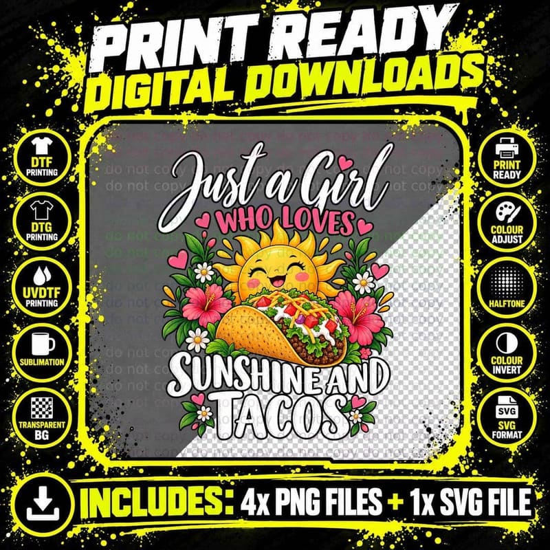 Just a Girl Who Loves Sunshine And Tacos Summer Fiesta Png SVG Digital Bundle
