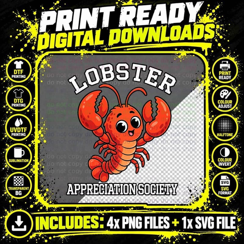 Lobster Appreciation Society Retro Cartoon Seafood Lover Png SVG Digital Bundle