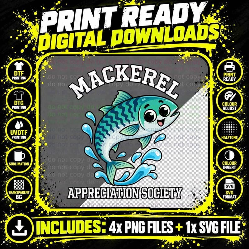 Mackerel Appreciation Society Retro Cartoon Fish Lover Png SVG Digital Bundle