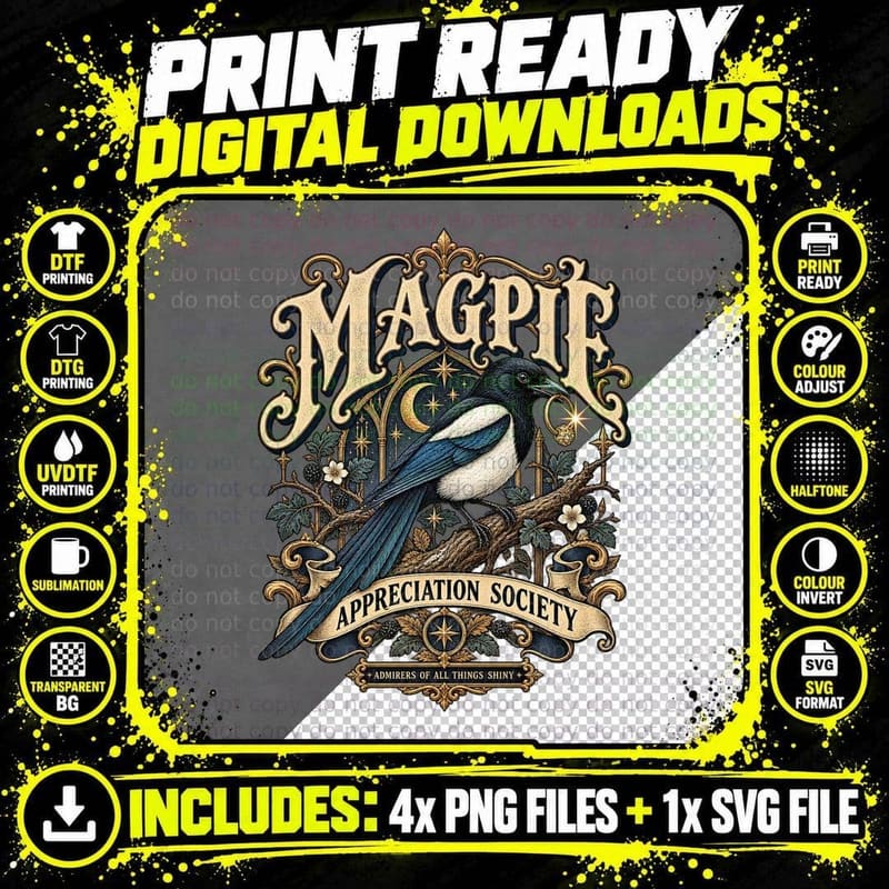 Magpie Appreciation Society Gothic Vintage Bird Moon Png SVG Digital Bundle