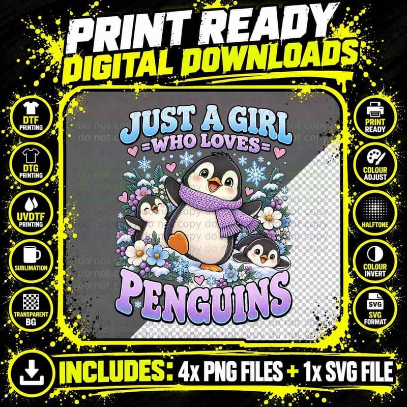 Penguin Lover Floral Wreath Cute Winter Animal Penguin Png SVG Digital Bundle