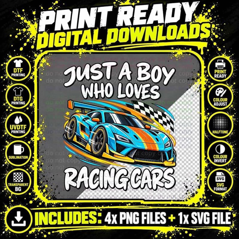 Racing Cars Boys Kawaii Cartoon Motorsport Race Car Png SVG Digital Bundle