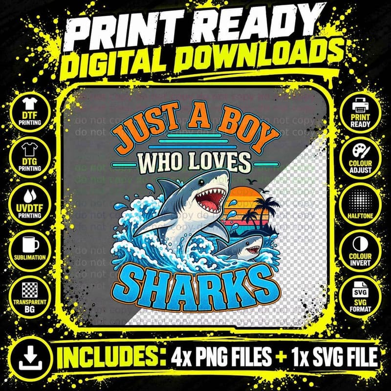 Retro Great White Shark Ocean Lover Kawaii Cartoon Png SVG Digital Bundle