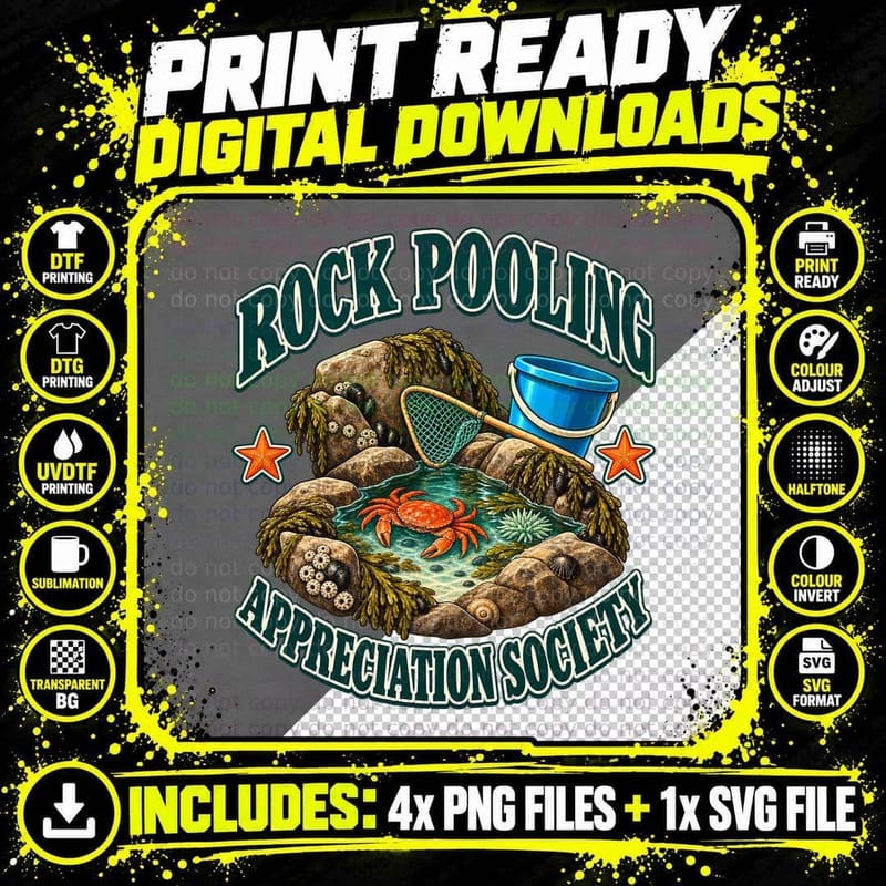 Rock Pooling Appreciation Society Retro Seaside Vintage Png SVG Digital Bundle