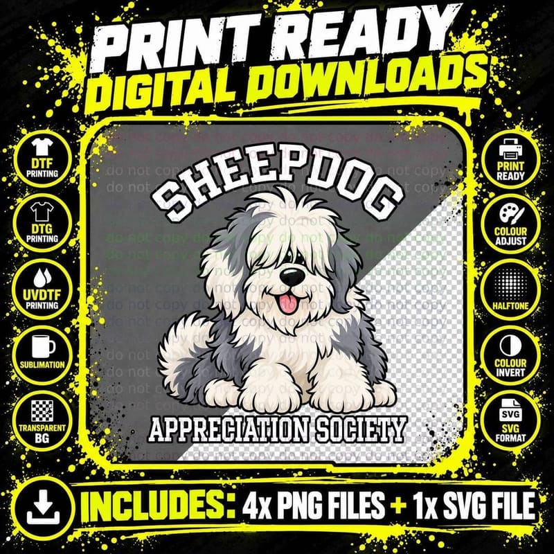 Sheepdog Appreciation Society Retro Old English Sheepdog Png SVG Digital Bundle