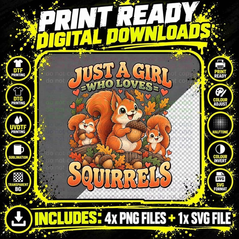 Squirrel Lover Autumn Woodland Retro Cartoon Acorn Png SVG Digital Bundle