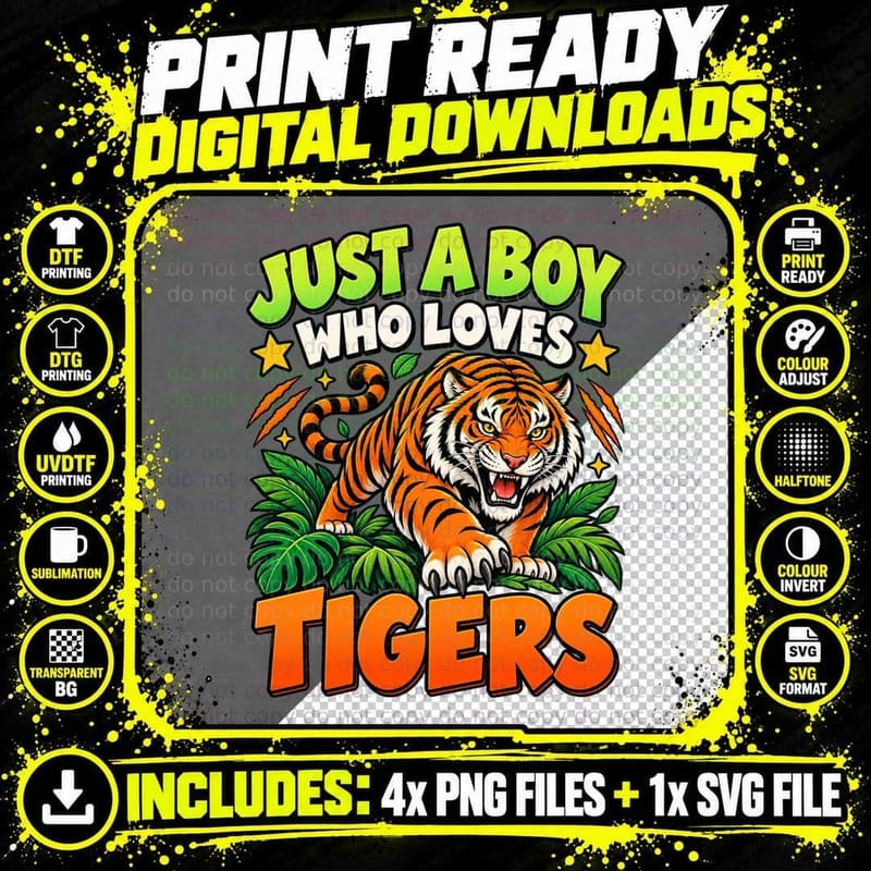 Tiger Lover Boys Bold Jungle Wildlife Big Cat Animal Png SVG Digital Bundle