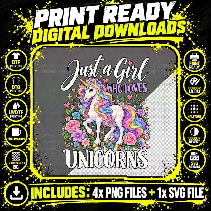 Unicorn Lover Magical Pastel Rainbow Floral Fantasy Png SVG Digital Bundle