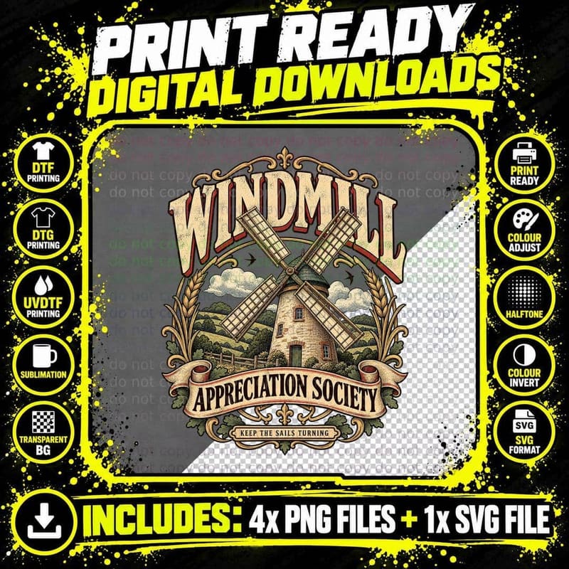 Windmill Appreciation Society Vintage Countryside Png SVG Digital Bundle