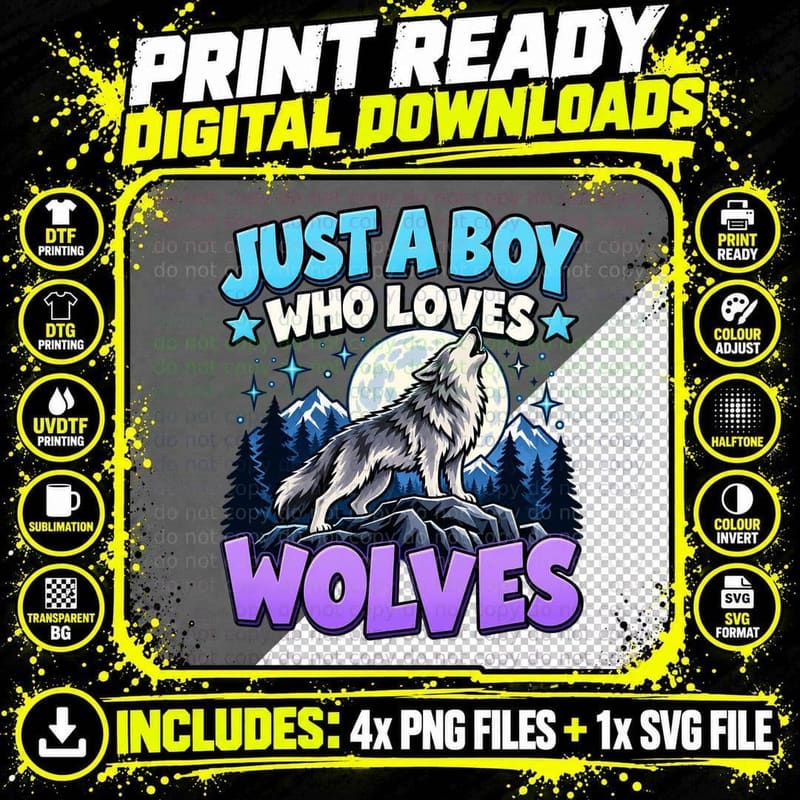 Wolf Lover Boys Howling Wolf Full Moon Wildlife Animal Png SVG Digital Bundle