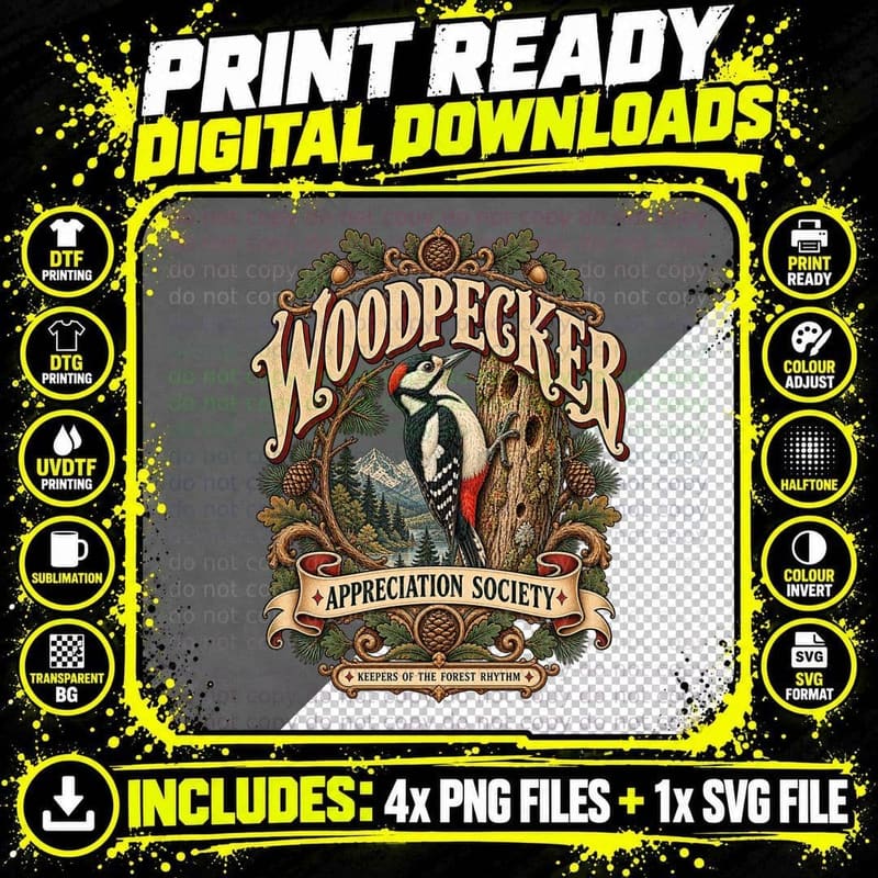 Woodpecker Appreciation Society Vintage Woodland Bird Png SVG Digital Bundle