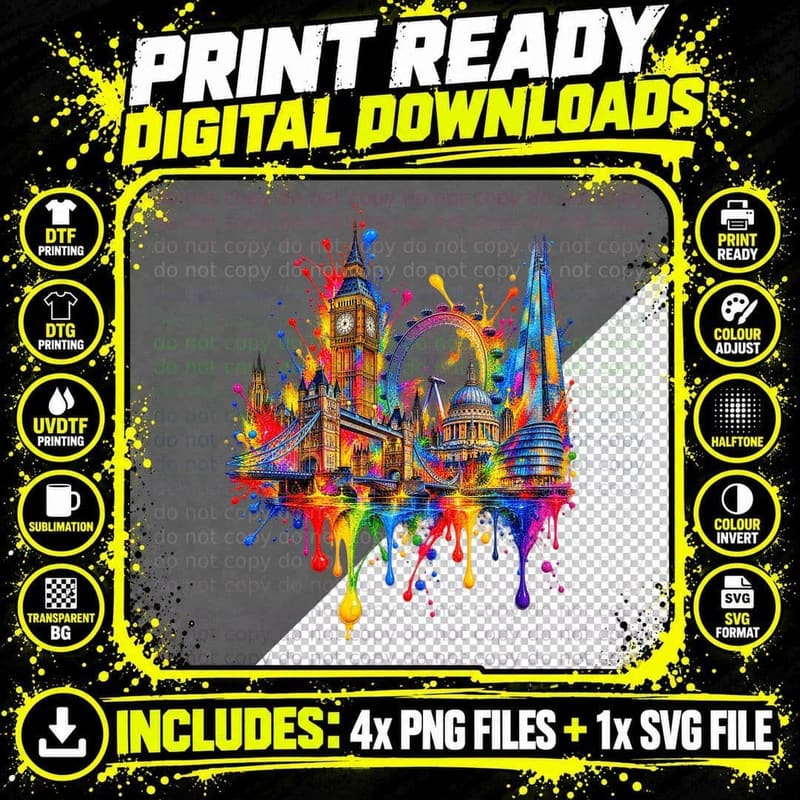 London Skyline Paint Splatter T-Shirt Png SVG Digital Bundle