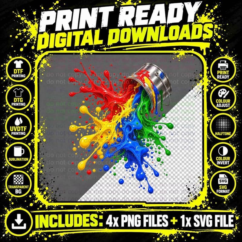 Paint Tin Splatter T-Shirt, Colourful Paint Spill Png SVG Digital Bundle