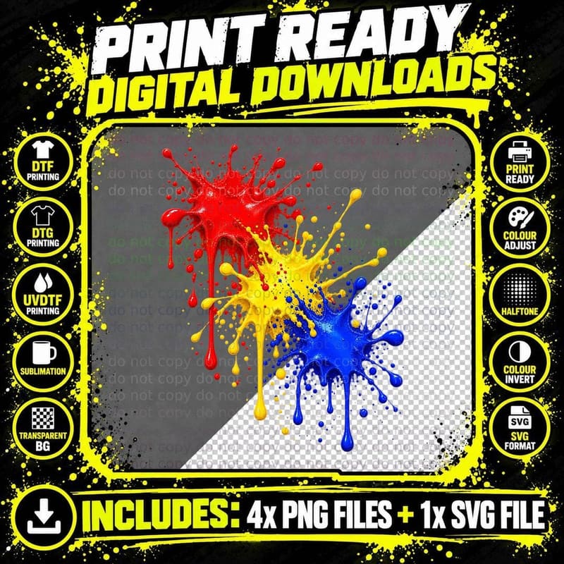 Primary Colour Paint Splatter T-Shirt, Dripping Paint Png SVG Digital Bundle