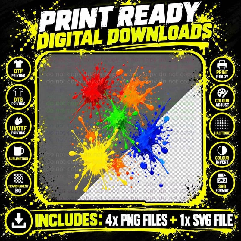 Rainbow Paint Splatter T-Shirt, Colourful Abstract Tee Png SVG Digital Bundle