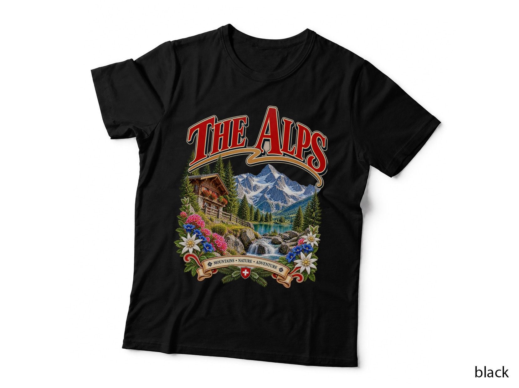 The Alps Switzerland Vintage Retro Mountain Chalet Waterfall Souvenir T-Shirt