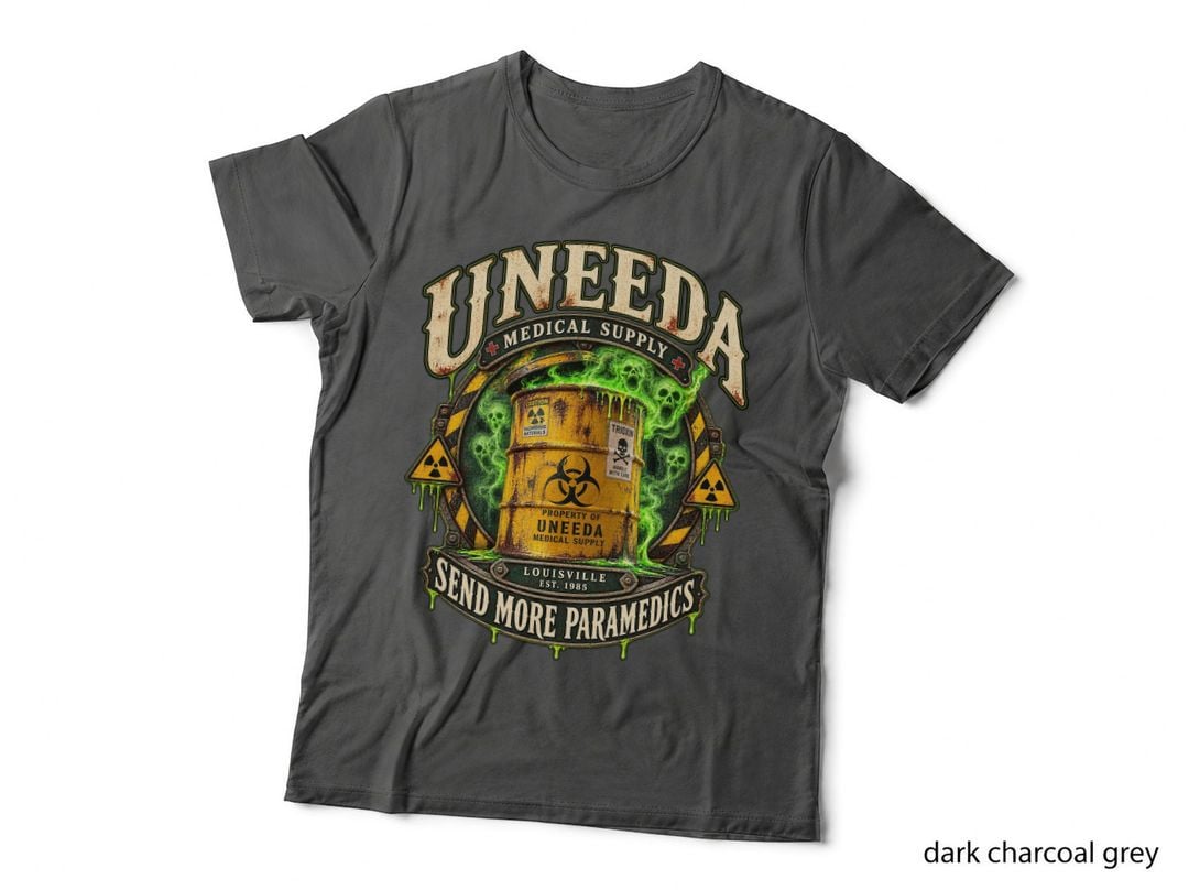 Uneeda Medical Supply Vintage Horror Toxic Barrel Biohazard Zombie T-Shirt